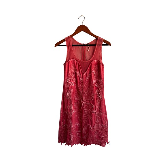 Free People Dresses & Skirts - Free People Coral Mesh Lace Illusion Mini Dress Back Zip‎ Sheer Sleeveless